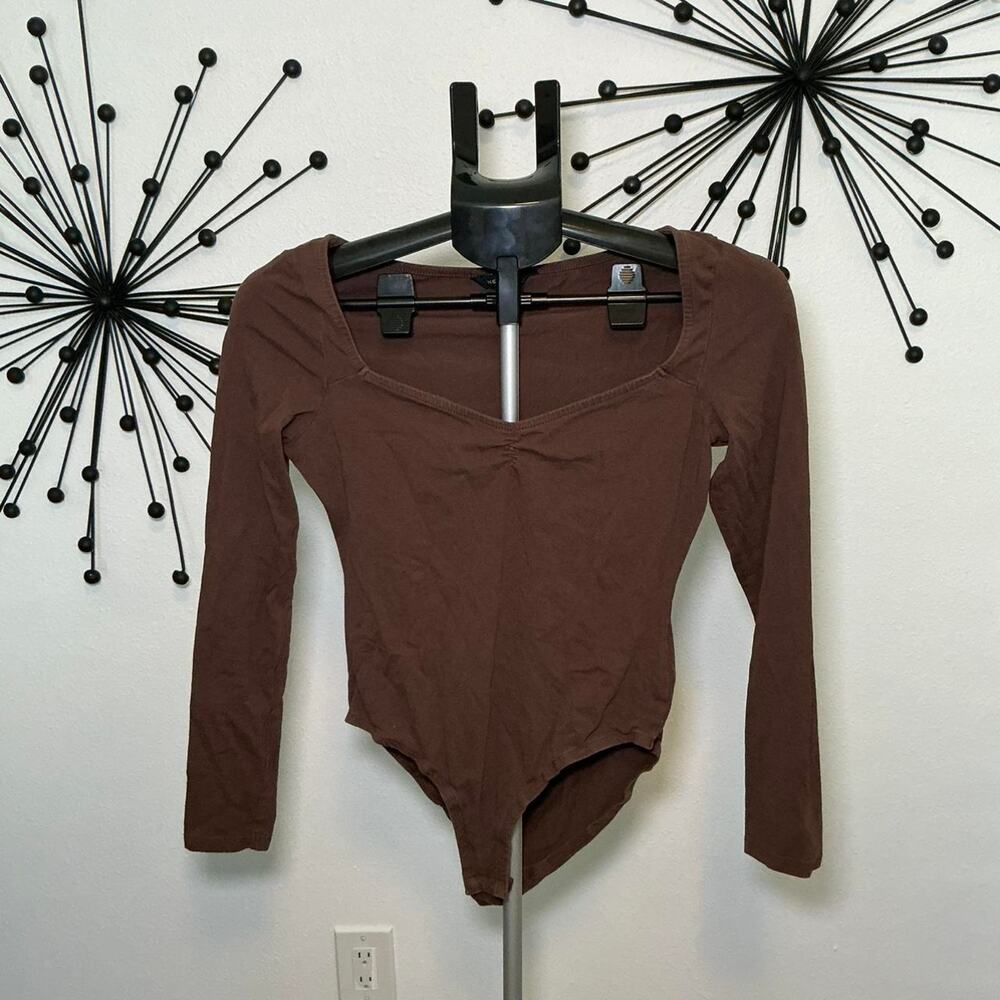 New Look Brown Long Sleeve Bodysuit Ruched Front Scoop Neck Size 8